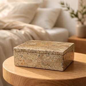 Vintage Fossil Stone Trinket Box Natural Marble Jewelry Keepsake Box Tan Brown